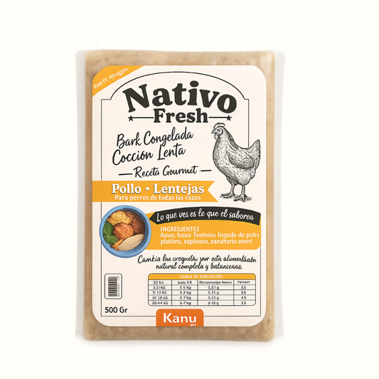 Alimento Congelado Nativo Fresh sabor a Pollo y Lentejas Kanu Pet para Perros. 100% Comida Real