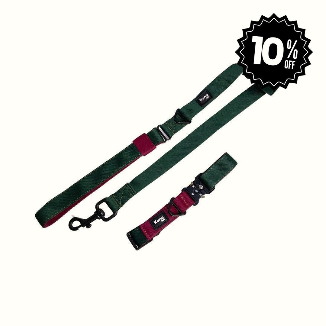 Combo Collar/Correa Verde Oscuro-Vinotinto Kanu Pet para Perro