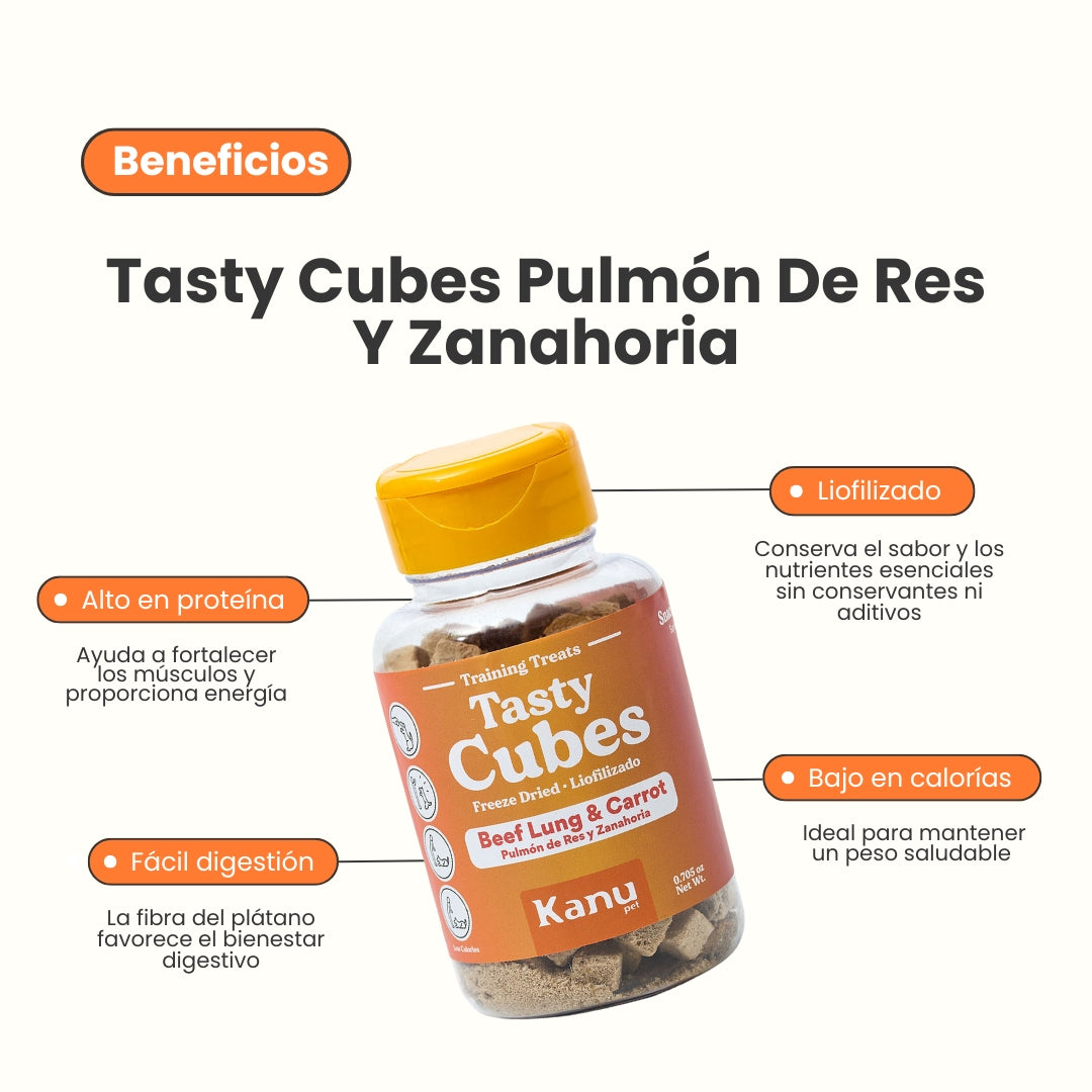 Kanu Pet Tasty Cubes de Zanahoria Liofilizada para Perros, Snack Natural, Bajo en Calorías, Ideal para Entrenar y Recompensar a tu Mascota