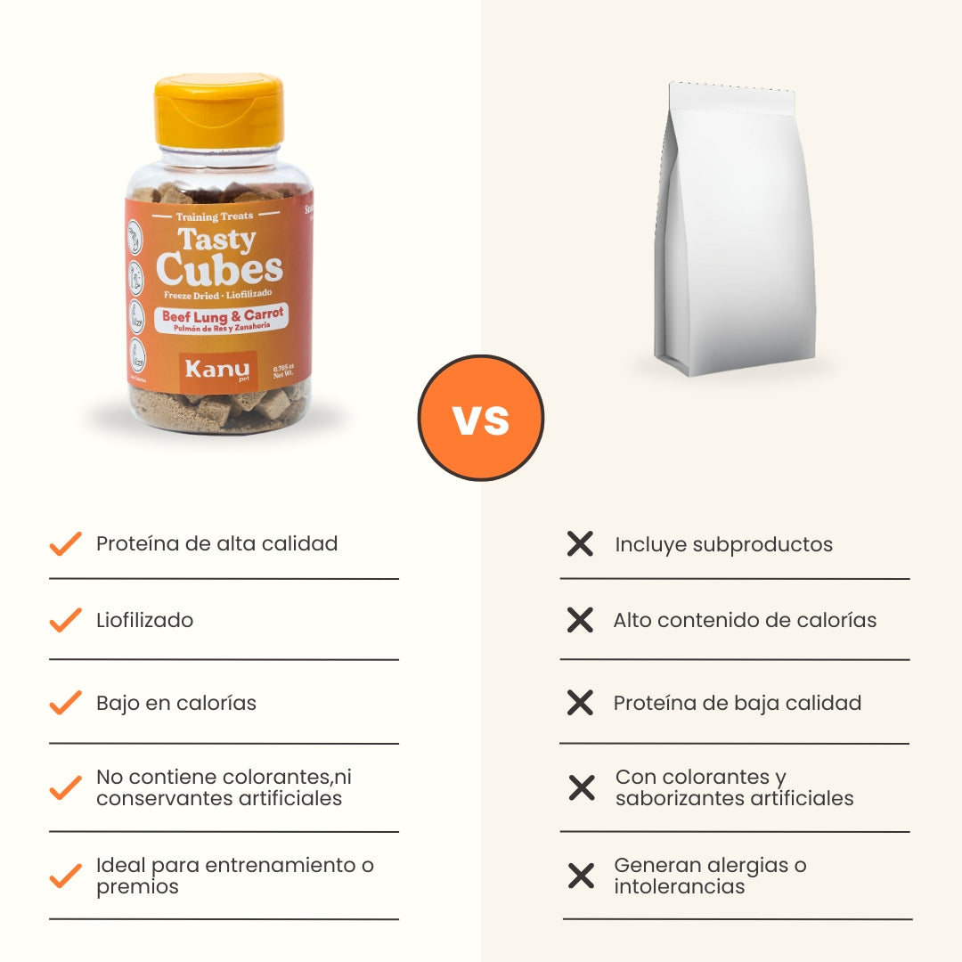 Kanu Pet Tasty Cubes de Zanahoria Liofilizada para Perros, Snack Natural, Bajo en Calorías, Ideal para Entrenar y Recompensar a tu Mascota