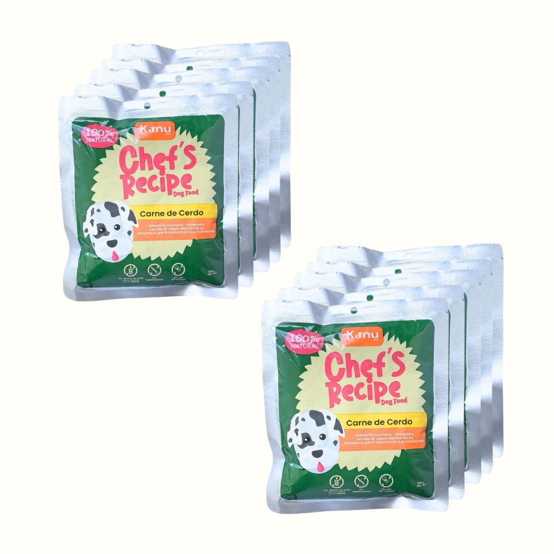 Paquete x 10 Alimento Húmedo Chef's Recipe Carne de Cerdo Kanu Pet para perros