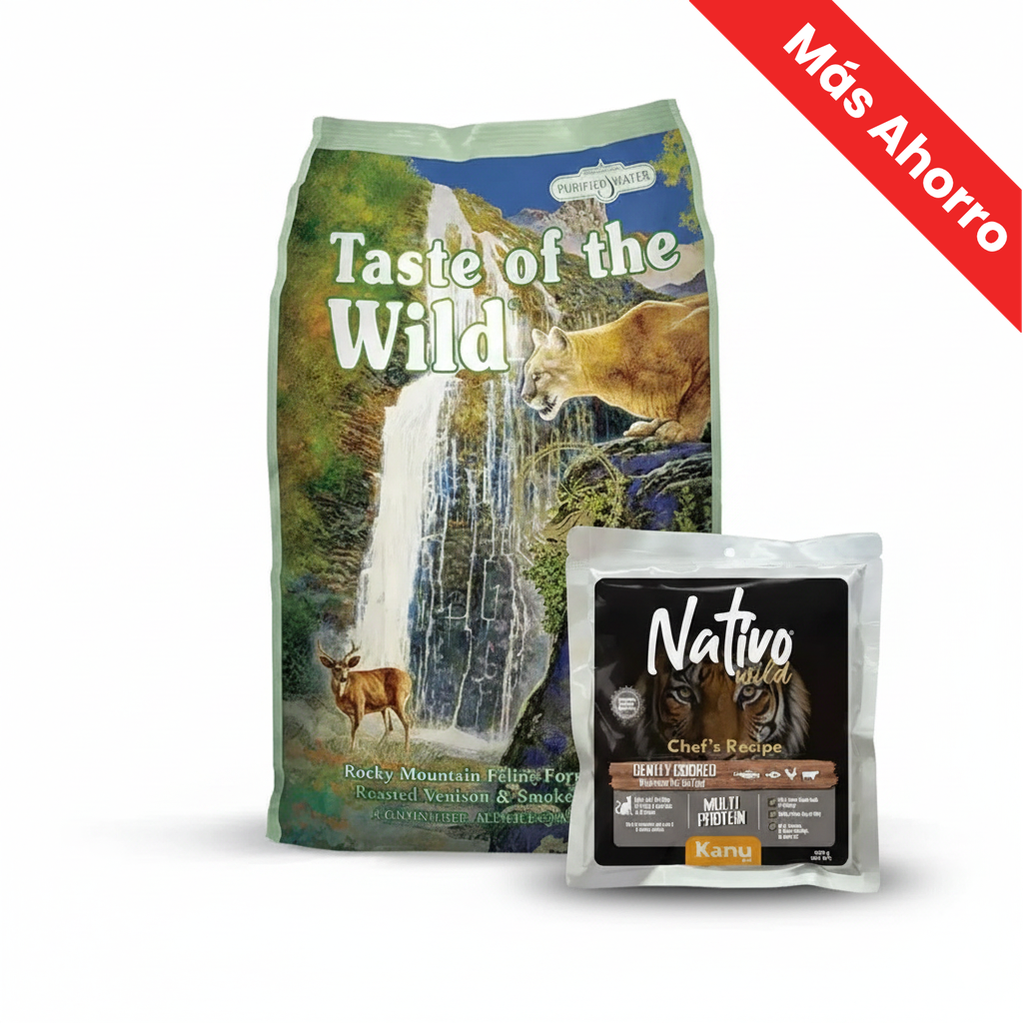 Alimento SecoTaste of the Wild Venado y Salmon Ahumado para Gato + Alimento Húmedo Nativo Wild Chef’s Recipe Multi Protein Kanu Pet para Gatos