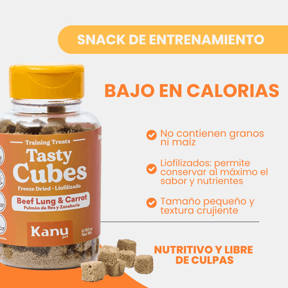 Kanu Pet Tasty Cubes de Zanahoria Liofilizada para Perros, Snack Natural, Bajo en Calorías, Ideal para Entrenar y Recompensar a tu Mascota