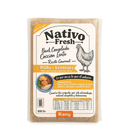 Alimento Congelado Nativo Fresh sabor a Pollo y Lentejas Kanu Pet para Perros. 100% Comida Real