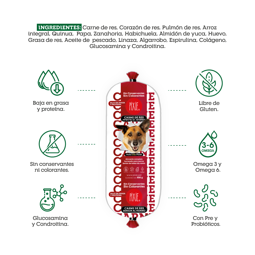 Alimento Congelado  Pixie de carne al horno para perros senior (baja en grasa y proteína)