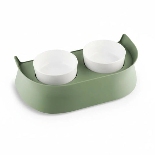 Comedero Doble Verde Oliva Kanu Pet para Perros y Gatos