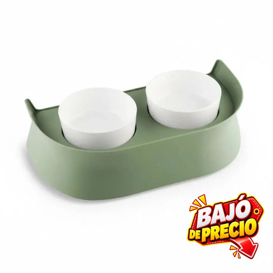 Comedero Doble Verde Oliva Kanu Pet para Perros y Gatos
