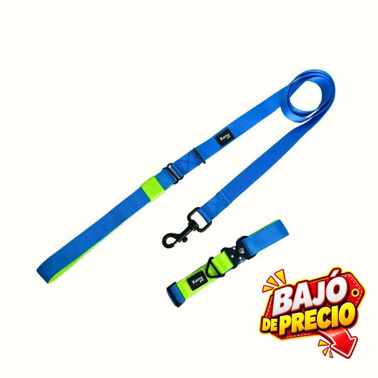 Combo Collar/Correa Azul Celeste-Verde Neón Kanu Pet para Perro