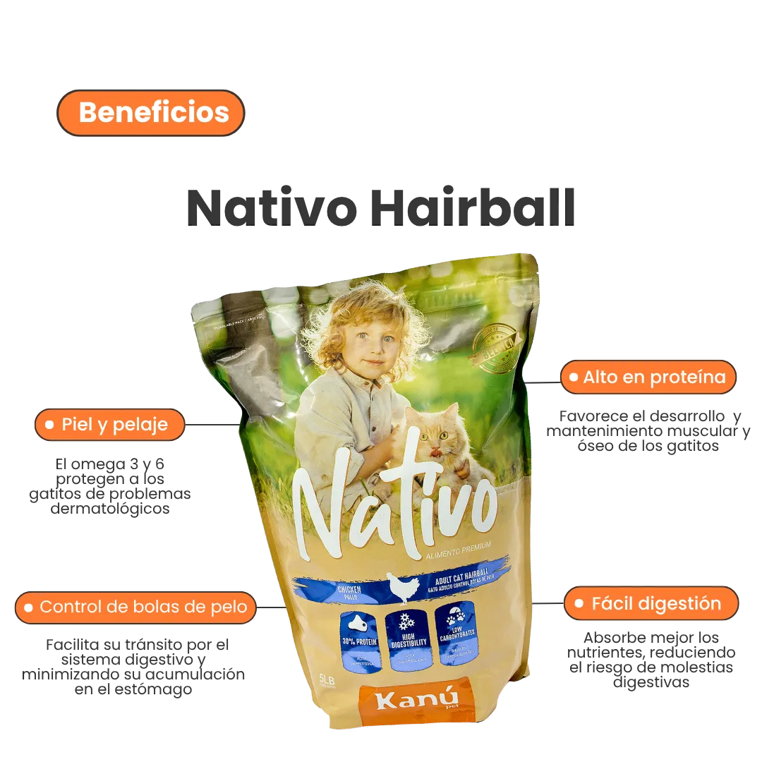 Alimento Seco Nativo HairBall Kanu Pet para Gato Adulto