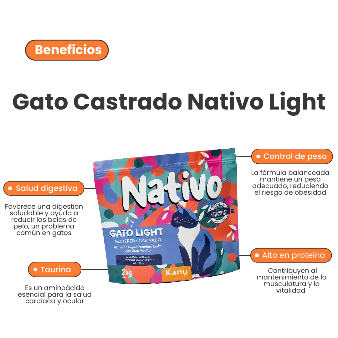 Alimento Seco Nativo Light Pollo/Pescado Kanu Pet para Gato Castrado
