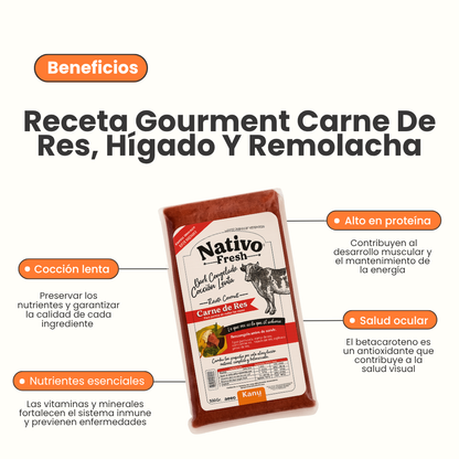Alimento Congelado Nativo Fresh sabor a Carne de Res Hígado y Remolacha Kanu Pet para Perros 100% Comida Real