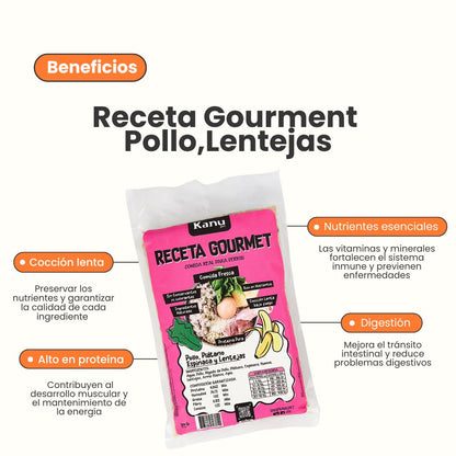 Alimento Congelado Receta Gourmet de Kanu Pet sabor a Pollo, Lentejas para perros. 100% Comida Real