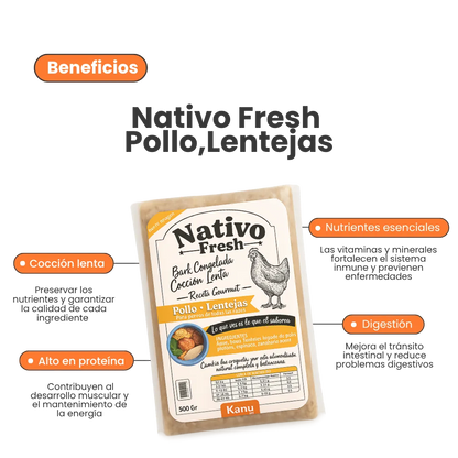 Alimento Congelado Nativo Fresh sabor a Pollo y Lentejas Kanu Pet para Perros. 100% Comida Real