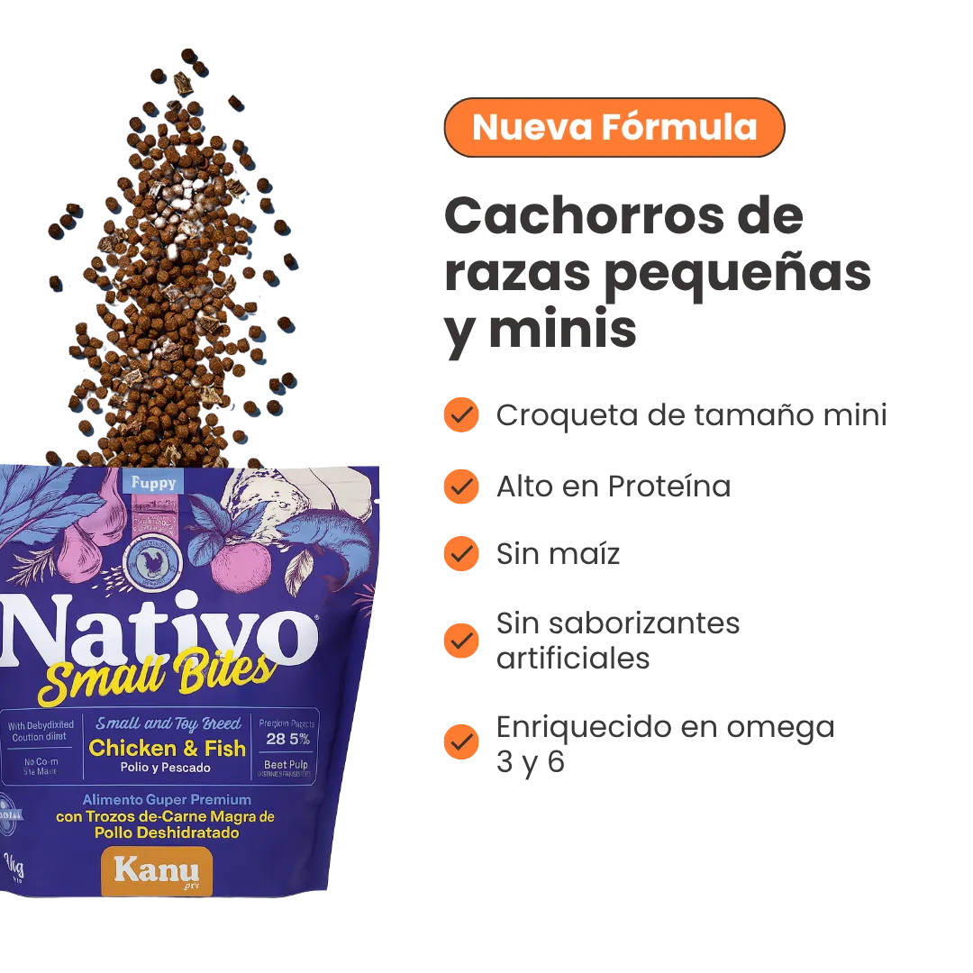 Alimento seco Nativo Small Bites Pollo y Pescado Kanu Pet para cachorros pequeños y miniaturas