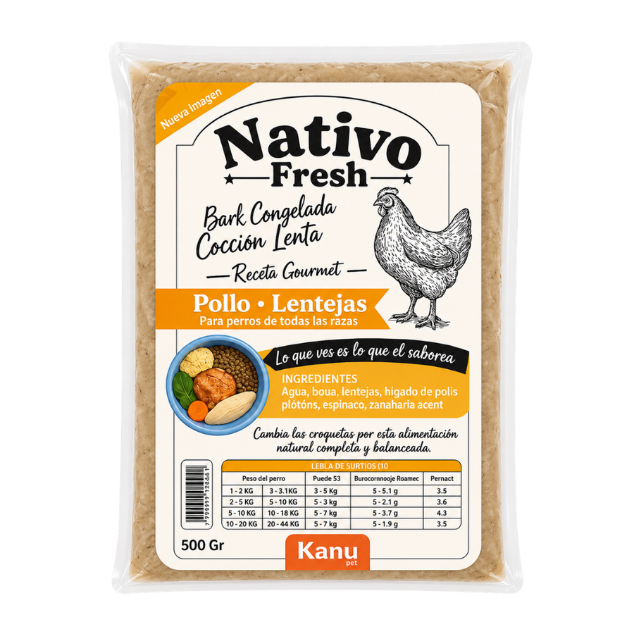 Alimento Congelado Nativo Fresh sabor a Pollo y Lentejas Kanu Pet para Perros. 100% Comida Real