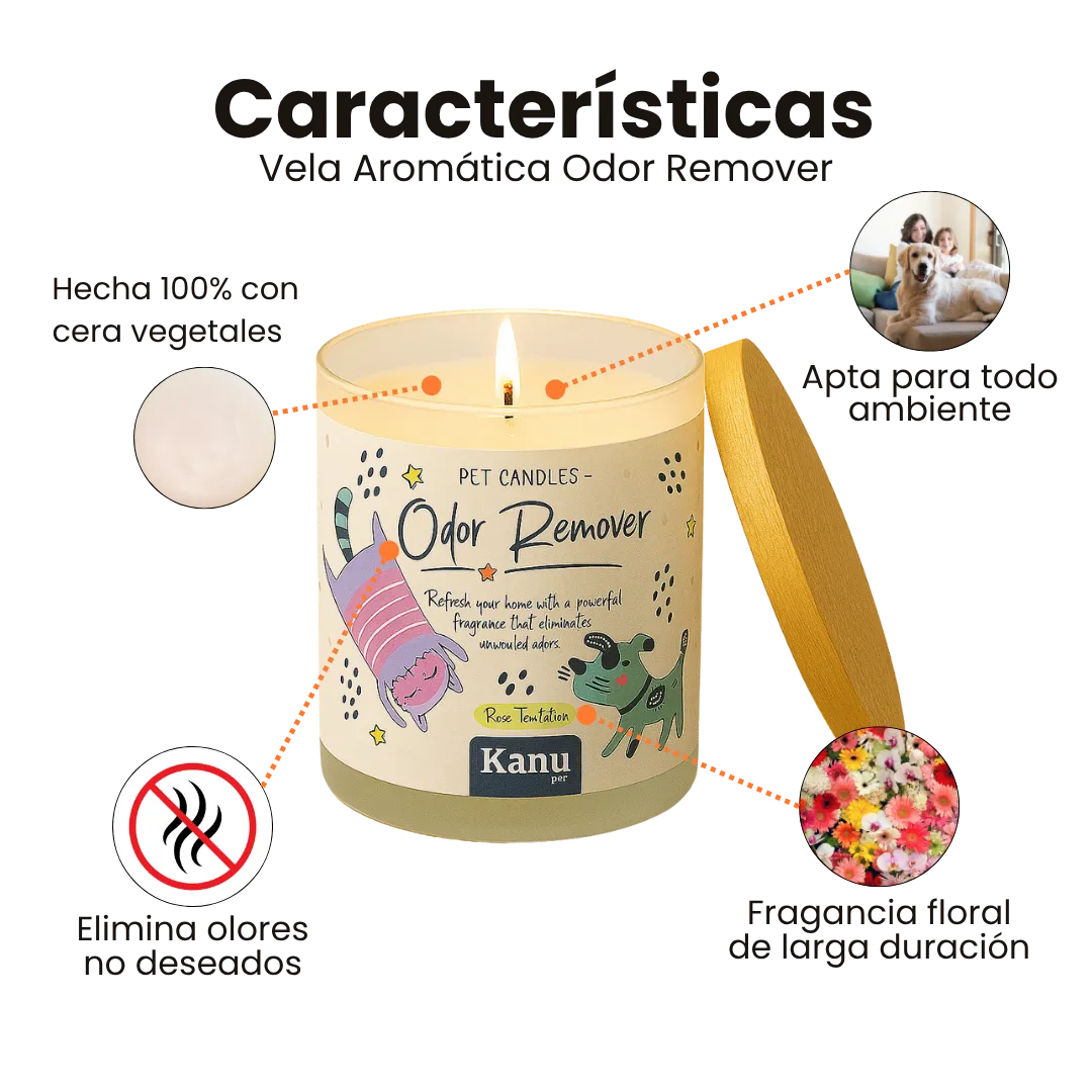 Vela eliminadora de olores Kanu Pet para perros y gatos aroma Rose Temptation
