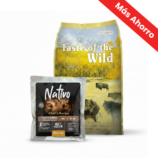 Paquete Taste of the Wild High Prairie Bisonte y Venado Asado + Nativo Wild Chef’s Recipe Multi Protein Kanu Pet para Perro Adulto
