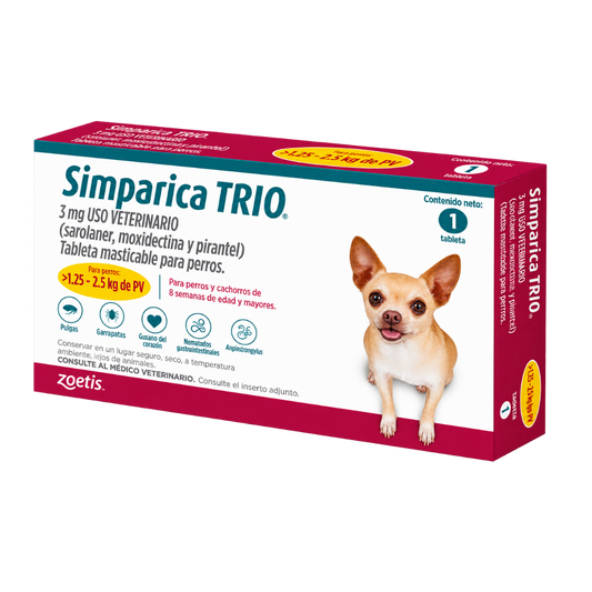 Antipulgas Simparica Trio comprimido 1.25-2.5 kg para Perros