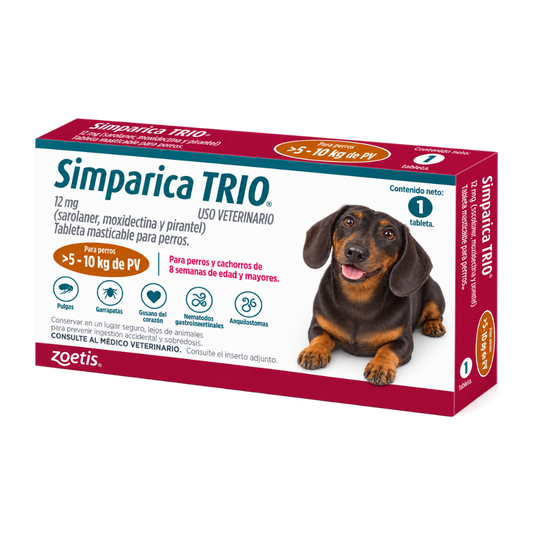 Antipulgas Simparica Trio comprimido 5 - 10 KG Para Perros