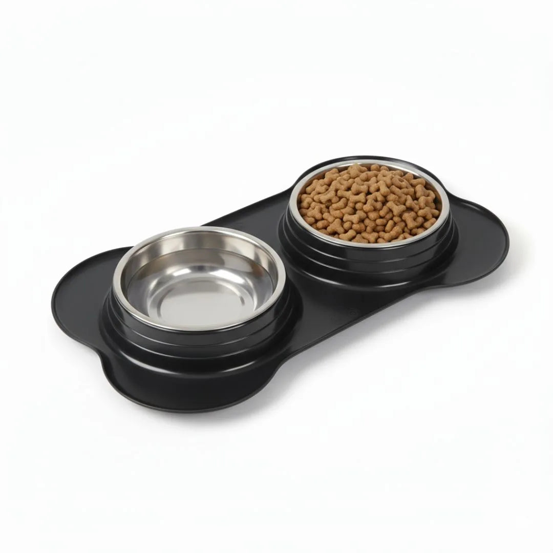 Comedero Doble + Bowl en Acero Inoxidable Negro Kanu Pet para Perros