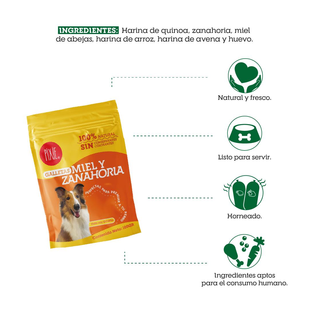 Snack galletas de miel y zanahoria Pixie para perros