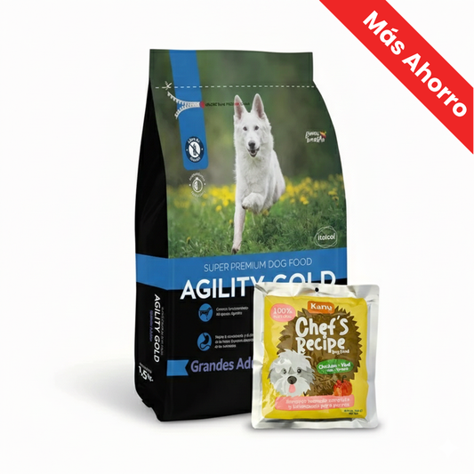 Alimento seco para perro Agility Gold Grandes Adultos + Alimento Húmedo Completo Chef's Recipe Pollo y Ternera Kanu Pet para Perros