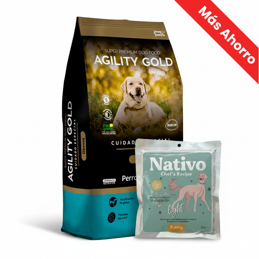 Alimento Seco Agility Gold para Perros con Sobrepeso u Obesidad + Alimento Húmedo Nativo Chef’s Recipe Light Pollo Kanu Pet para Perros
