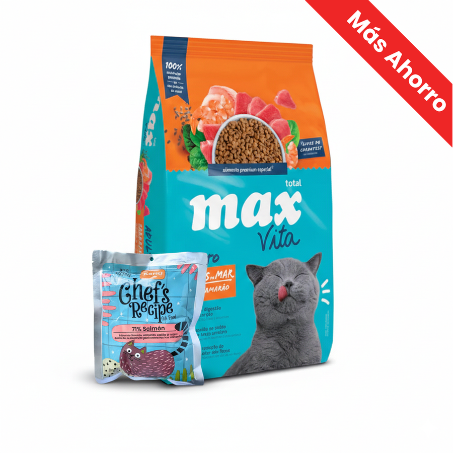 Alimento Seco Total Max Vita Sabores De Mar para Gato + Alimento Húmedo Completo Chef's Recipe Salmón Kanu Pet para Gatos