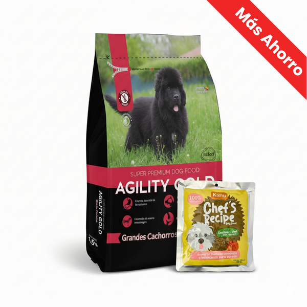 Paquete Agility Gold para Cachorros de Razas Grandes + Chef's Recipe Pollo y Ternera Kanu Pet para Perros