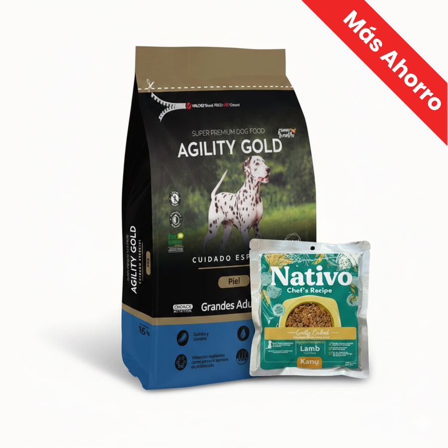 Alimento Seco Agility Gold para Perros Adultos Grandes con Piel Sensible + Alimento Húmedo Nativo Chef’s Recipe Cordero Kanu Pet para Perros