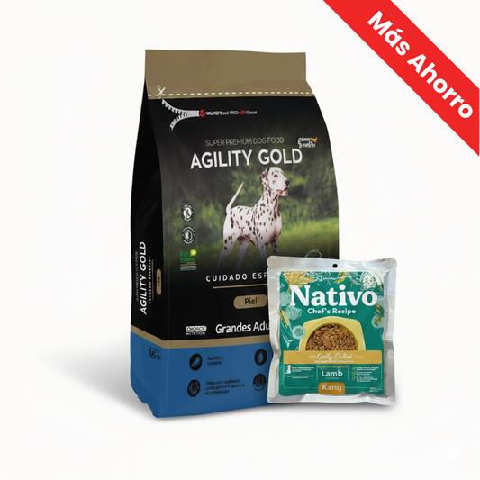 Paquete Agility Gold Adultos Grandes con Piel Sensible + Nativo Chef’s Recipe Cordero Kanu Pet para Perros