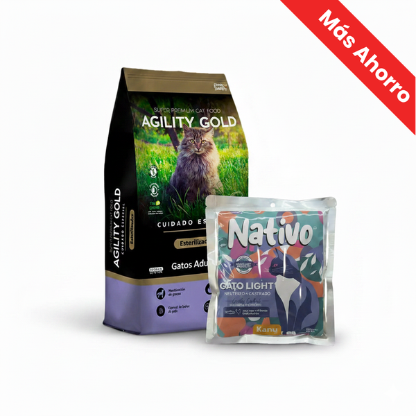 Paquete Alimento Seco Agility Gold para Gatos Esterilizados Adultos + Nativo Light Chef’s Recipe Kanu Pet para Gatos
