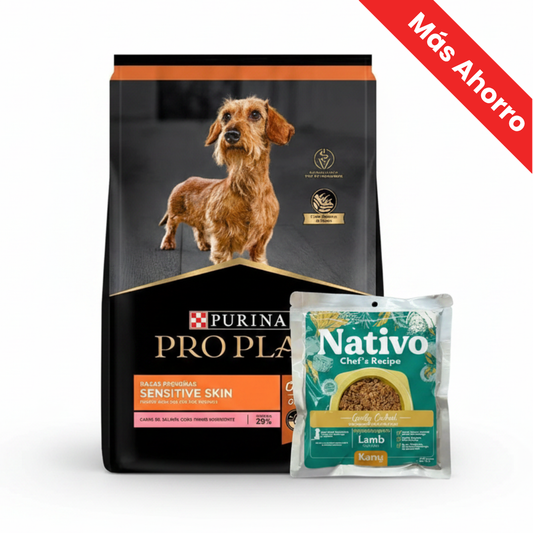 Paquete Proplan Sensitive para Perro Razas Pequeñas + Nativo Chef’s Recipe Cordero Kanu Pet para Perros