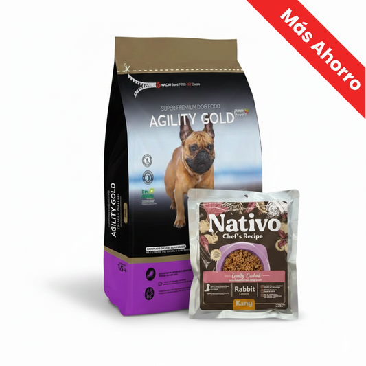 Alimento Seco Agility Gold para Perros Adultos Pequeños con Piel Sensible +  Alimento Húmedo Nativo Chef’s Recipe Conejo Kanu Pet para Perros