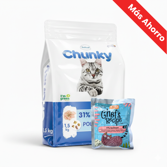 Paquete Chunky Pollo para Gato Adulto + Chef's Recipe Salmón Kanu Pet para Gatos