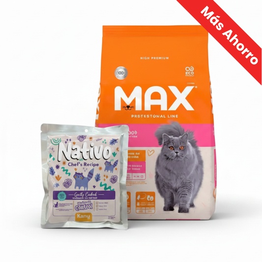 Paquete Max Cat para Gato Adulto Pollo y Arroz + Nativo Chef’s Recipe Hairball Control Kanu Pet para Gatos