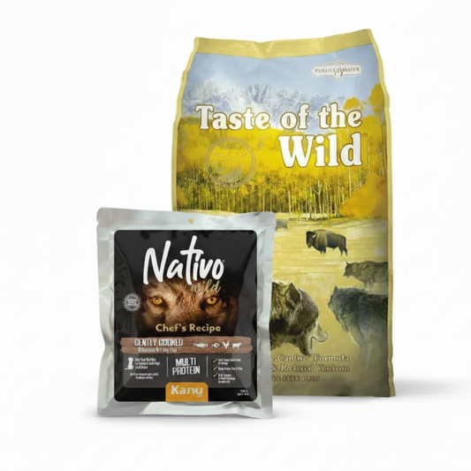 Alimento Seco Taste of the Wild High Prairie Bisonte y Venado Asado para Perro Adulto + Alimento Húmedo Nativo Wild Chef’s Recipe Multi Protein Kanu Pet para Perro