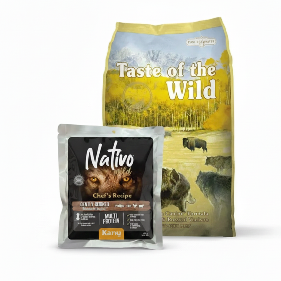 Alimento Seco Taste of the Wild High Prairie Bisonte y Venado Asado para Perro Adulto + Alimento Húmedo Nativo Wild Chef’s Recipe Multi Protein Kanu Pet para Perro