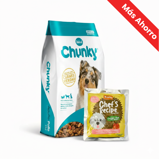 Paquete Chunky Pollo para Perro Adulto + Completo Chef's Recipe Pollo y Ternera Kanu Pet para Perros