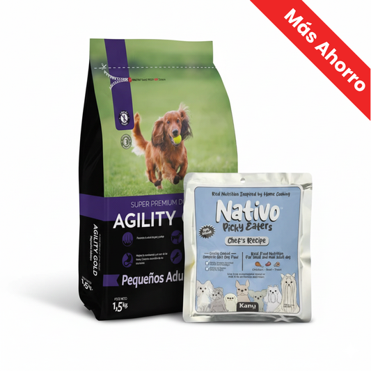 Alimento Seco Agility Gold para Perros Adultos de Razas Pequeñas + Alimento Húmedo Nativo Chef’s Recipe Picky Eaters Kanu Pet para Perros