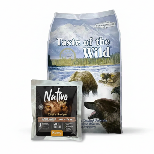 Alimento Seco Taste of the Wild Salmón Ahumado para Perro Adulto +  Alimento Húmedo Nativo Wild Chef’s Recipe Multi Protein Kanu Pet para Perros