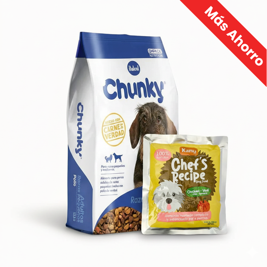 Paquete Chunky Pollo y Arroz para Perro Adulto Razas Pequeñas + Chef's Recipe Pollo y Ternera Kanu Pet para Perros