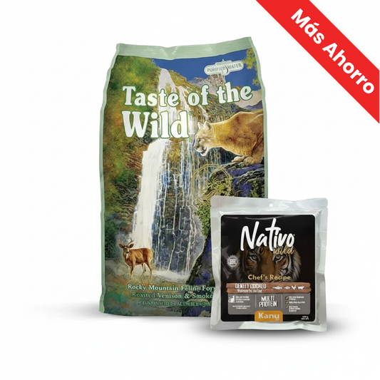 Paquete Taste of the Wild Venado y Salmon Ahumado para Gato + Nativo Wild Chef’s Recipe Multi Protein Kanu Pet para Gatos