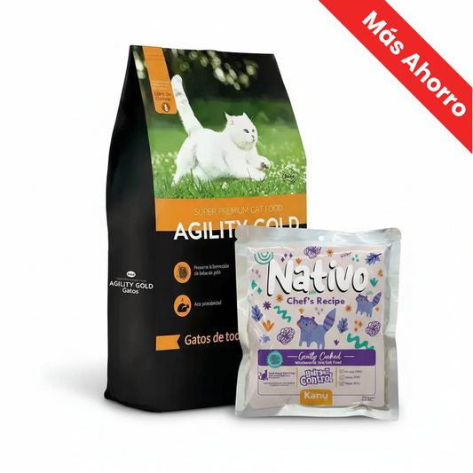 Alimento Seco Agility Gold para Gatos de Todas las Edades + Alimento Húmedo Nativo Chef’s Recipe Hairball Control Kanu Pet para Gatos
