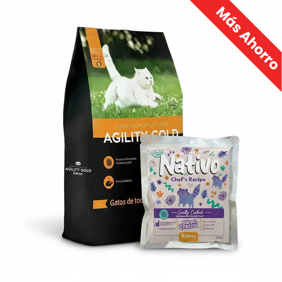 Paquete Agility Gold para Gatos de Todas las Edades + Nativo Chef’s Recipe Hairball Control Kanu Pet para Gatos