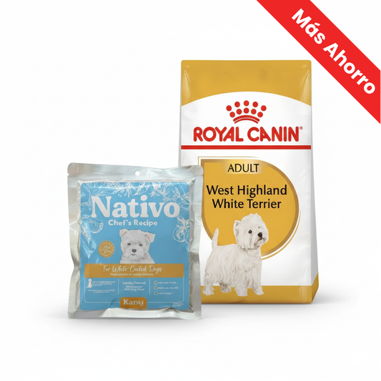 Paquete Royal Canin Westhighland White Terrier +  Nativo Chef’s Recipe Pelo Blanco Kanu Pet para Perros