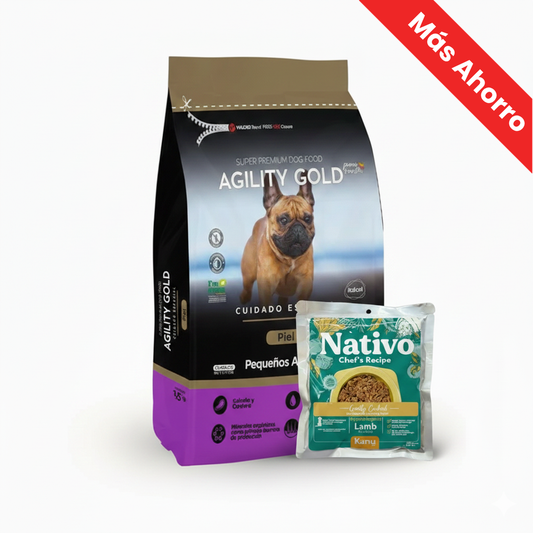 Alimento Seco Agility Gold para Perros Adultos Pequeños con Piel Sensible +  Alimento Húmedo Nativo Chef’s Recipe Cordero Kanu Pet para Perros